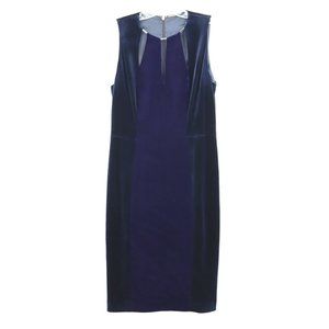 Elie Tahari Sleeveless Velvet Holiday Dress Deep Blue 3 Silver Bars on Neck